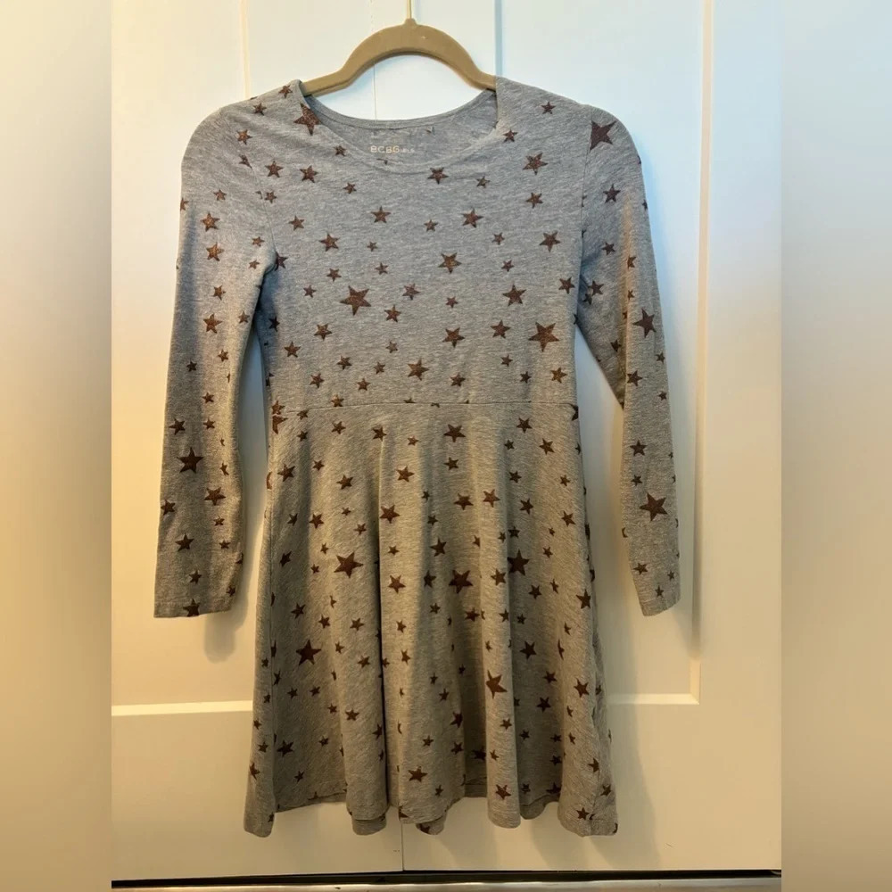 BCBG Girls Star Skater Dress Size Large 8/10 Gray Gold Metallic Stars